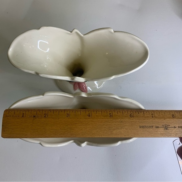 Pair Vintage Pink Flower Ceramic Fan Vases Cornucopia Style MCM 1950s White 7" - Picture 10 of 16